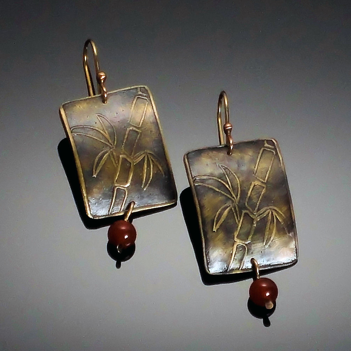 "Bamboo Drop" bronze earrings with carnelian 12020