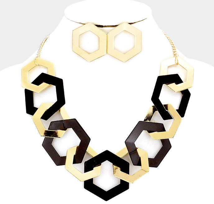 Hexagonal Link Metal Statement Necklace