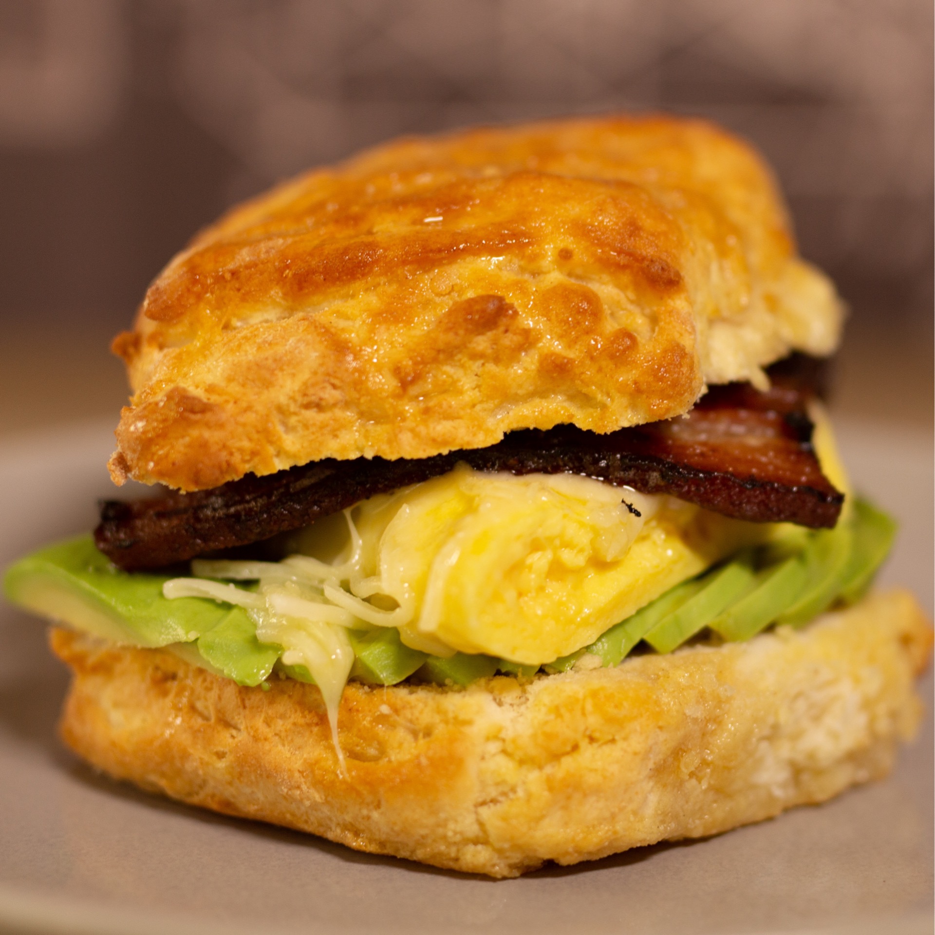 Bacon, avocado, egg and cheese biscuit