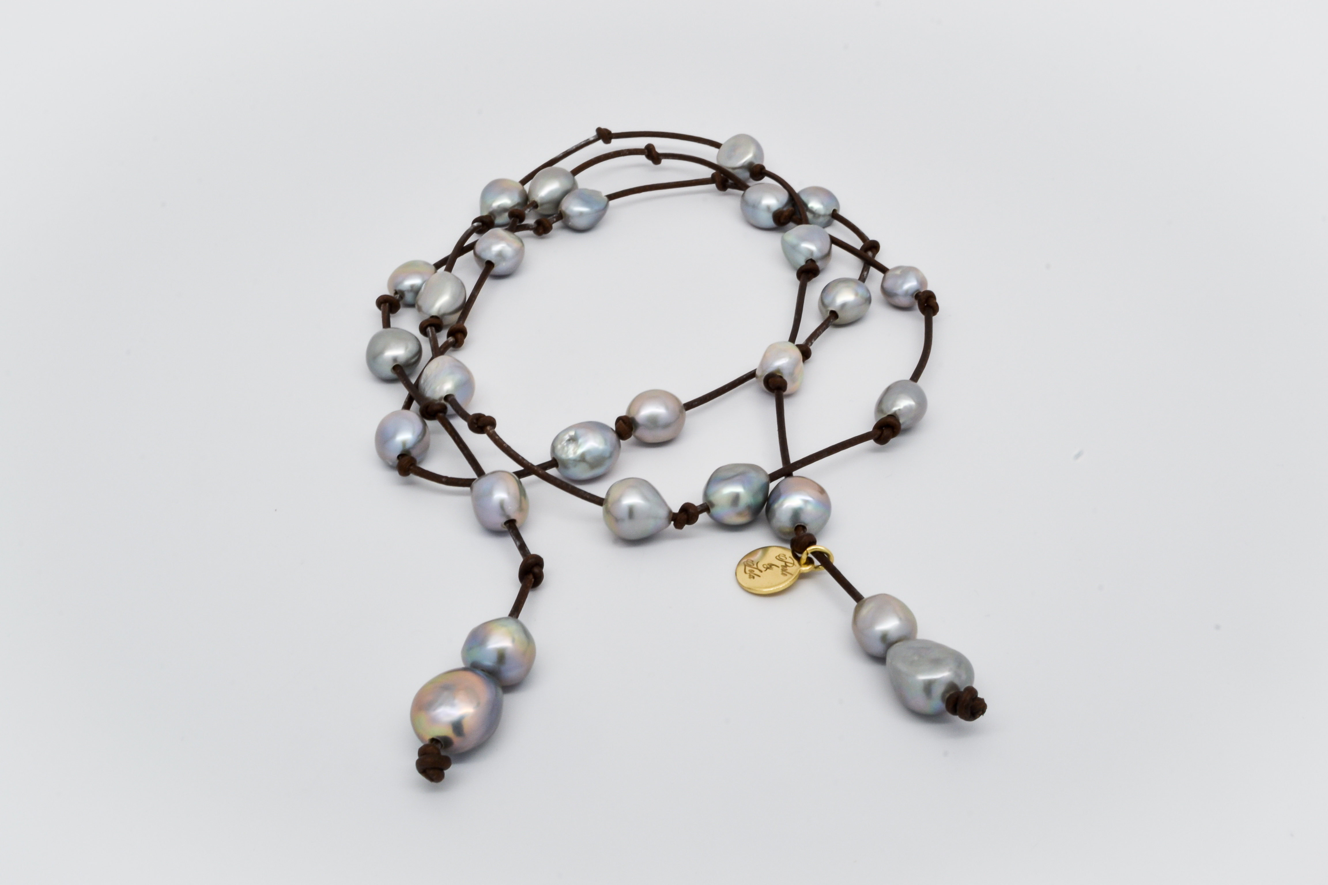 Classic Lariat Grey Freshwater pearls on Dark Brown leather