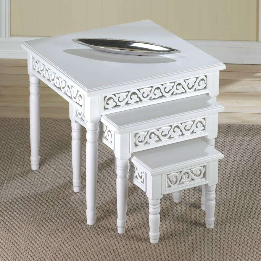 White Wood Carved Vine Nesting Tables Set